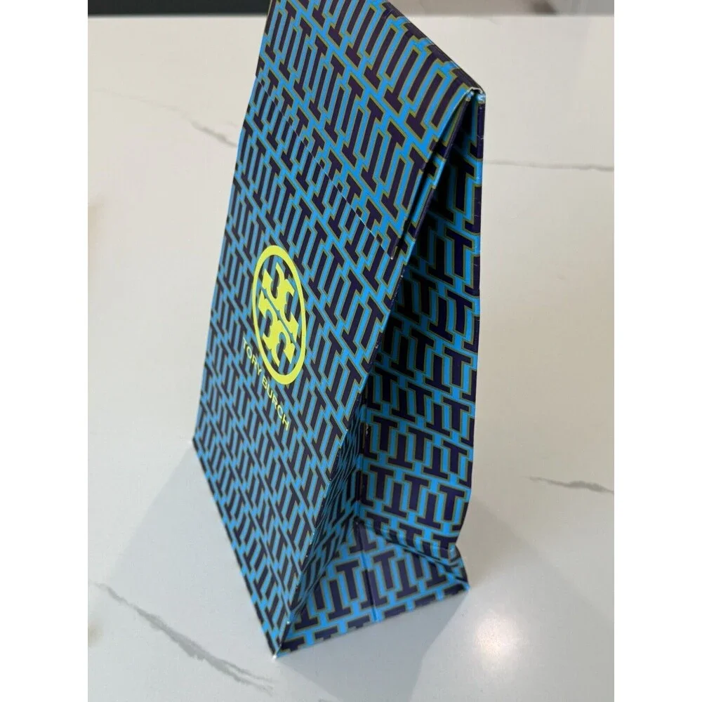 Tory Burch Blue Lime Geometric Gift Bag‎ 13x7x5 Tall Decor Flap Closure EUC